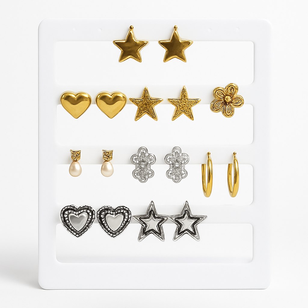 Pendientes de acero surtidos con diseños de estrellas, flores y corazones
