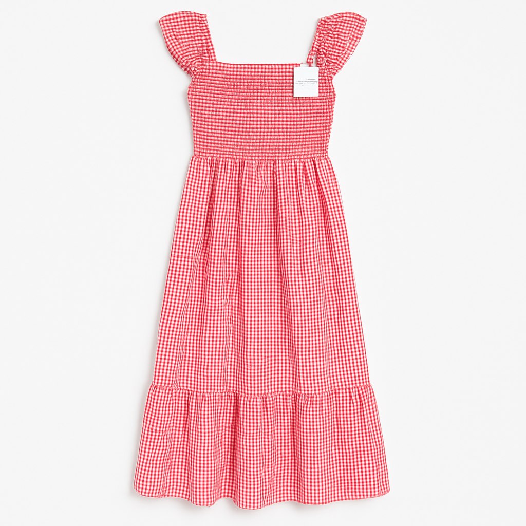 Vestido largo vichy rosa con manga fruncida