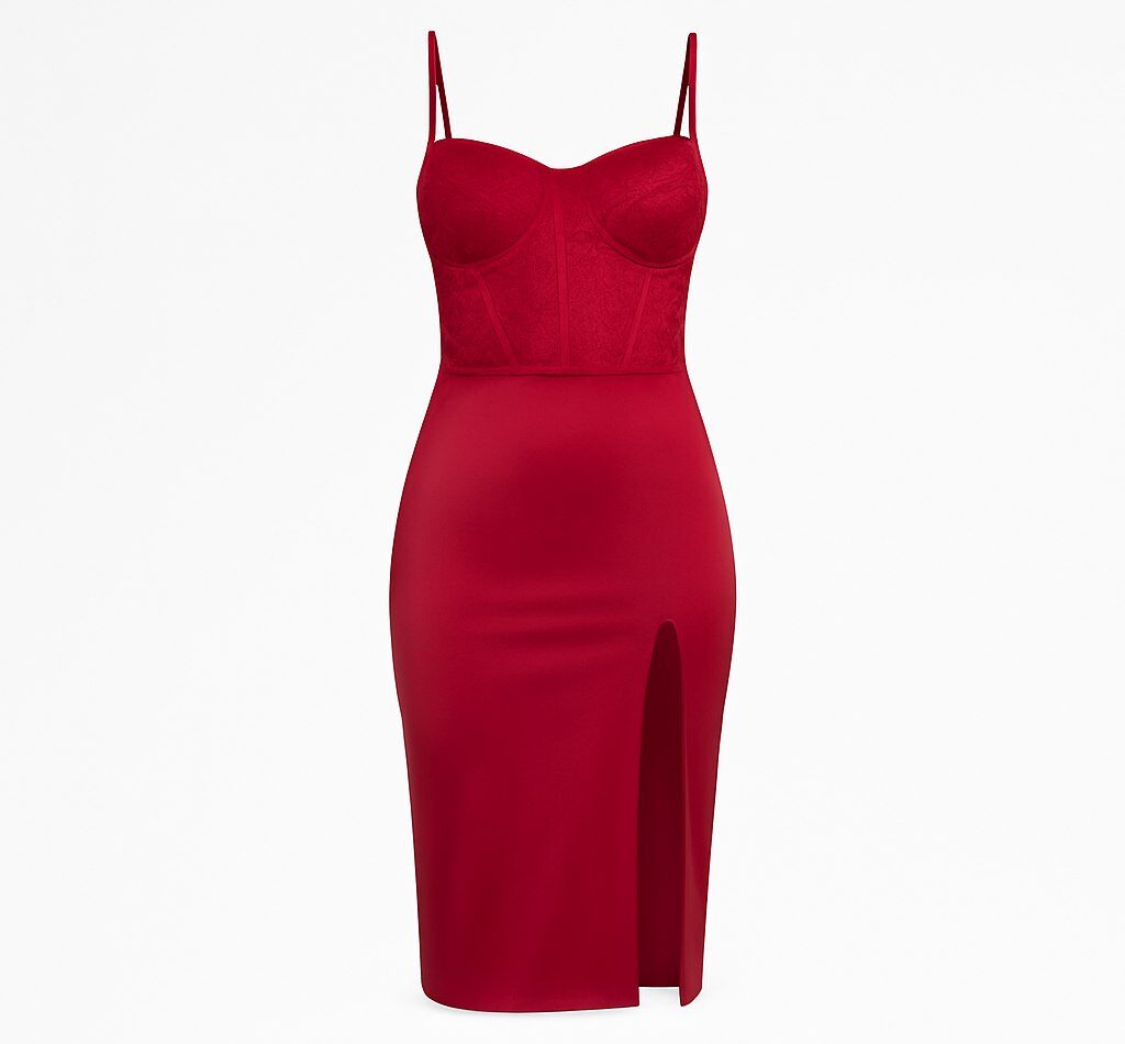 Vestido largo rojo Yaiza con abertura lateral y escote bustier