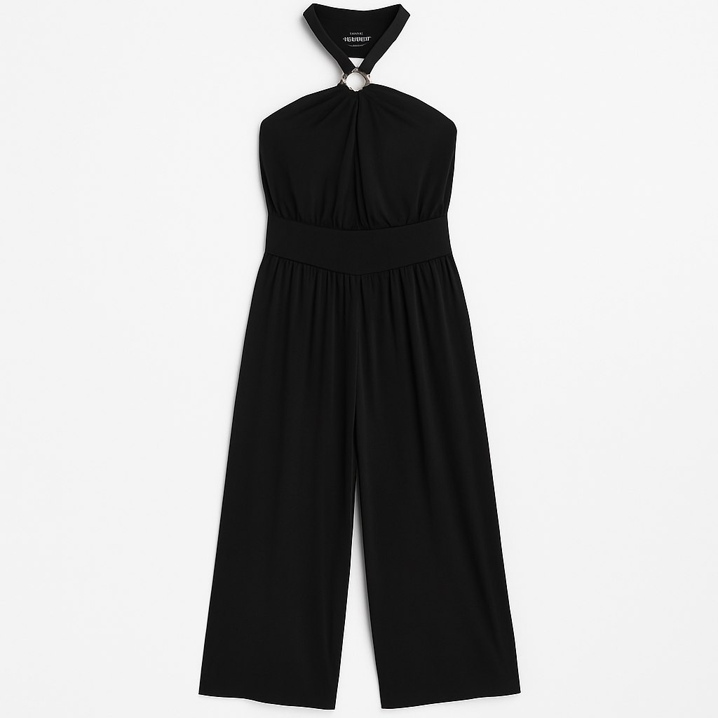 Mono negro Davinia con escote halter y pierna ancha