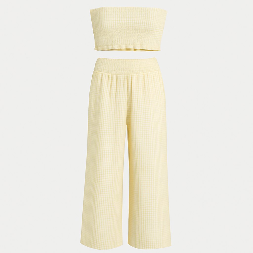 Conjunto dos piezas top y pantalón ancho con textura sutil en amarillo pastel