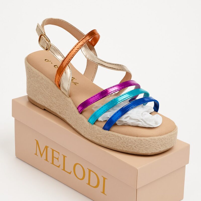 Sandalias de cuña con tiras brillantes multicolor